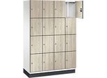 C+P Schliessfachschrank Cambio, 4 Abteile, 16 Fächer, mit Sockel, B 1200 x T 525 x H 1980 mm, verkehrsweiss/Sen Esche‑Dekor
