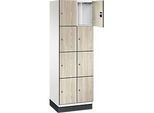 C+P Schliessfachschrank Cambio, 2 Abteile, 8 Fächer, mit Sockel, B 600 x T 525 x H 1980 mm, verkehrsweiss/Sen Esche‑Dekor