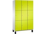C+P Schliessfachschrank Cambio, 3 Abteile, 9 Fächer, auf Füssen, B 1200 x T 525 x H 1980 mm, lichtgrau/clowngrün