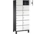 C+P Schliessfachschrank Cambio, 2 Abteile, 12 Fächer, auf Füssen, B 800 x T 525 x H 1980 mm, schwarzgrau/weiss