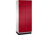 C+P Schliessfachschrank Cambio, 2 Abteile, 10 Fächer, mit Sockel, B 800 x T 525 x H 1980 mm, lichtgrau/rubinrot