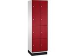 C+P Schliessfachschrank Cambio, 2 Abteile, 8 Fächer, mit Sockel, B 600 x T 525 x H 1980 mm, lichtgrau/rubinrot