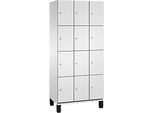 C+P Schliessfachschrank Cambio, 3 Abteile, 12 Fächer, auf Füssen, B 900 x T 525 x H 1980 mm, lichtgrau
