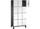 C+P Schliessfachschrank Cambio, 3 Abteile, 12 Fächer, auf Füssen, B 900 x T 525 x H 1980 mm, schwarzgrau/weiss