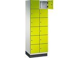 C+P Schliessfachschrank Cambio, 2 Abteile, 12 Fächer, mit Sockel, B 600 x T 525 x H 1980 mm, lichtgrau/clowngrün