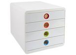 Schubladenbox POP-BOX Weiss/Harlekin, 4 geschlossene Laden, A4/A4+/24x32 cm, leise, Sicherheitsstopp