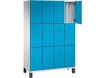 C+P Schliessfachschrank Cambio, 4 Abteile, 12 Fächer, auf Füssen, B 1200 x T 525 x H 1980 mm, lichtgrau/lichtblau