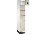 C+P Schliessfachschrank Cambio, 1 Abteil, 6 Fächer, mit Sockel, B 300 x T 525 x H 1980 mm, verkehrsweiss/Sen Esche‑Dekor