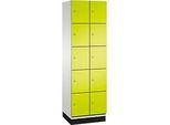 C+P Schliessfachschrank Cambio, 2 Abteile, 10 Fächer, mit Sockel, B 600 x T 525 x H 1980 mm, lichtgrau/clowngrün