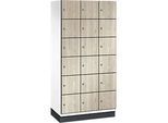 C+P Schliessfachschrank Cambio, 3 Abteile, 18 Fächer, mit Sockel, B 900 x T 525 x H 1980 mm, verkehrsweiss/Sen Esche‑Dekor