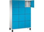 C+P Schliessfachschrank Cambio, 3 Abteile, 12 Fächer, auf Füssen, B 1200 x T 525 x H 1980 mm, lichtgrau/lichtblau