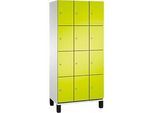 C+P Schliessfachschrank Cambio, 3 Abteile, 12 Fächer, auf Füssen, B 900 x T 525 x H 1980 mm, lichtgrau/clowngrün