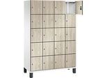 C+P Schliessfachschrank Cambio, 4 Abteile, 20 Fächer, auf Füssen, B 1200 x T 525 x H 1980 mm, verkehrsweiss/Sen Esche‑Dekor