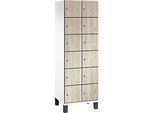 C+P Schliessfachschrank Cambio, 2 Abteile, 12 Fächer, auf Füssen, B 600 x T 525 x H 1980 mm, verkehrsweiss/Sen Esche‑Dekor