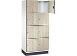 C+P Schliessfachschrank Cambio, 2 Abteile, 8 Fächer, mit Sockel, B 800 x T 525 x H 1980 mm, verkehrsweiss/Sen Esche‑Dekor