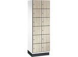 C+P Schliessfachschrank Cambio, 2 Abteile, 12 Fächer, mit Sockel, B 600 x T 525 x H 1980 mm, verkehrsweiss/Sen Esche‑Dekor