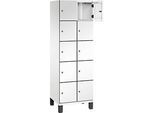 C+P Schliessfachschrank Cambio, 2 Abteile, 10 Fächer, auf Füssen, B 600 x T 525 x H 1980 mm, verkehrsweiss