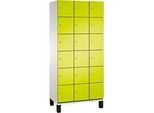 C+P Schliessfachschrank Cambio, 3 Abteile, 18 Fächer, auf Füssen, B 900 x T 525 x H 1980 mm, lichtgrau/clowngrün