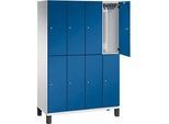 C+P Doppelstöckiger Spind Cambio, 4 Abteile, 8 Fächer, auf Füssen, B 1200 x T 525 x H 1980 mm, lichtgrau/enzianblau