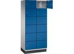 C+P Schliessfachschrank Cambio, 2 Abteile, 12 Fächer, mit Sockel, B 800 x T 525 x H 1980 mm, weissaluminium/enzianblau