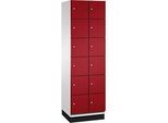 C+P Schliessfachschrank Cambio, 2 Abteile, 12 Fächer, mit Sockel, B 600 x T 525 x H 1980 mm, lichtgrau/rubinrot