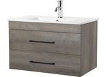 Waschtisch WELLTIME "Florenz Badmöbel Badschrank mit Waschbecken", grau (eiche, grau, grau wood grain), B:81cm H:50cm T:46cm, MDF, Waschtische, Waschtisch, Waschplatz mit 2 Auszügen und Softclose Breite 80cm