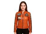 Dames oranje leren bikerjack met racebadges - Dalby