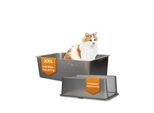 Lucky-Kitty Katzentoilette XXL (Edelstahl Natur) + Haube (Schwarz transparent)