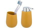 Badaccessoire-Set WENKO "Badi", gelb, Keramik, Badaccessoires-Sets, Badaccessoire-Set, Seifenspender und Zahnputzbecher aus hochwertiger Keramik