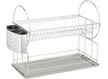 Geschirrständer WENKO "Modell Exclusiv Duo", silber (edelstahlfarben), B:50cm H:32,5cm T:23cm, Edelstahl, Geschirrständer, Geschirrständer, Geschirrabtropfer, 2 Etagen, mit Besteckkorb und Auffangschale