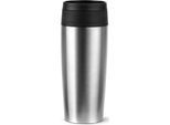 Thermobecher EMSA "Travel Mug Classic, mit 360-Trinköffnung, auslaufsicher, rutschfest", schwarz (edelstahl, schwarz), H:20,4cm Ø:8,2cm, Edelstahl, Kunststoff, Silikon, Trinkgefäße, Thermobecher, 4h heiß, 8h kalt - 360 ml / 6h heiß, 12h kalt - 500 ml, 100% dicht