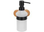 Seifenspender WENKO "Orea Bamboo", schwarz-weiß (weiß, natur, schwarz), Bambus, Edelstahl, Glas, Dosierspender, Seifenspender, 300 ml Fassungsvermögen, Halterung aus rostfreiem Edelstahl