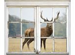 Wandsticker QUEENCE "Hirsch", braun, B:40cm H:60cm T:0,1cm, Wandtattoos, Wandsticker, Wandsticker, Wandbild, selbstklebend, 3D, Fenster, Hirsch