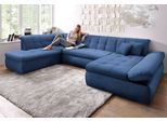 Wohnlandschaft DOMO COLLECTION "NMORIC im XXL-Format, 353x216x80 cm, inkl. Zierkissen U-Form", blau, B:353cm H:80cm T:216cm, Microfaser PRIMABELLE (100% Polyester);Chenille (85% Polyester, 15% Acryl);Luxus-Microfaser (100% Polyester);Struktur ( 100% Polyester), Sofas, Wohnlandschaft, wahlweise mit Bettfunktion und Armlehnenverstellung