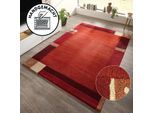 Wollteppich THEKO "Tromso, Wolle, Handgefertigt, Bordüre mit Hoch-Tief-Effekt" Gr. 6, rot, B:200cm H:15mm L:300cm, Wolle, Teppiche, Wollteppich, Wohnzimmer, Schlafzimmer, Esszimmer