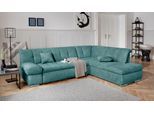 Ecksofa DOMO COLLECTION "MONA 271x213 cm, modern und komfortabel", blau (petrol), B:271cm H:80cm T:213cm, Struktur fein 100% Polyester;Chenilleoptik 100% Polyester, Sofas, Ecksofa, whlw. mit Bett- und Armlehnfunktion, L-Form