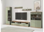 Wohnwand OTTO HOME "Ribe: 5‑teilig, Oberplatte aus Massivholz, viel Stauraum, Trendfarbe", grün (salbei, eiche), Holzwerkstoff, Massivholz, Kastenmöbel-Sets, Wohnwand, Breite: 277cm, Glaseinsatz aus gehärtetem Glas, variable Einlegeboden