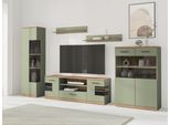 Wohnwand OTTO HOME "Ribe: 5‑teilig, Oberplatte aus Massivholz, viel Stauraum, Trendfarbe", grün (salbei, eiche), Holzwerkstoff, Massivholz, Kastenmöbel-Sets, Wohnwand, Breite: 297cm, Glaseinsatz aus gehärtetem Glas, variable Einlegeboden
