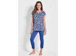 Hausanzug GOLDNER "Kurzgröße Moderner Strandanzug mit Druck", Damen, Gr. 24, blau (royalblau, gemustert), Obermaterial: 95% Viskose CV. 5% Elasthan EL., figurumspielend, Homewear-Sets Hausanzug, Seitliche Raffung am Bein