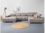 Wohnlandschaft COTTA "Orion U-Form, B: 409 cm", grau (elephant), B:409cm H:73cm T:225cm, 100% Polyester, Sofas, Wohnlandschaft, mit Kopfteilverstellung & 6 Nierenkissen