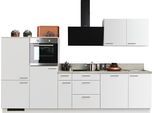 Küchenzeile KOCHSTATION "KS-Scafa, mit höhenverstellbaren Füßen", weiß (küche: weiß, korpus: weiß, arbeitsplatte: zementfarben hell), B:320cm T:60cm, Komplettküchen-Sets, Küchenzeile, vormontiert, wahlweise mit E-Geräten, mit Soft-Close, Breite 320 cm