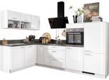 Küchenzeile KOCHSTATION "KS-Scafa, mit höhenverstellbaren Füßen", weiß (küche: weiß, korpus: weiß, arbeitsplatte: stahlfarben dunkel), B:305cm T:60cm, Komplettküchen-Sets, Küchenzeile, vormontiert, wahlweise mit E-Geräten, Stellbreite 305 x 185 cm