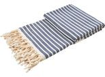 Plaid DONE. "Lounge Stripes", blau (navy, beige), B:100cm L:180cm, Baumwolle, Wohndecken, Leichtes Plaid mit geknoteten Fransen