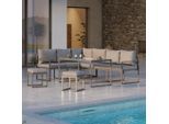 Beldano , Grau , Metall, Glas , Füllung: Komfortschaum,Polyester , L-Form , 239x176 cm , UV-beständig, Tisch mit Glasplatte , Gartenmöbel, Loungemöbel, Loungegarnituren