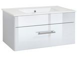 Waschtisch WELLTIME "Trento Light mit Keramik-Auflagebecken", weiß (weiß, weiß hochglanz, weiß), B:81cm H:41cm T:47cm, Holzwerkstoff, Keramik, Waschtische, Waschtisch, 1 feste Blende und 1 Auszug, Breite: 101cm, Weiß Hochglanz