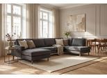 Wohnlandschaft HOME AFFAIRE "Pinto Skandi, 350 cm, U-Form, XXL, mit Ottomanen", dunkelgrau, B:349cm H:89cm T:206cm, 100% Polyester, Sofas, Wohnlandschaft, mit Keder, Massivholzfüße Eiche geräuchert, Wellenunterfederung