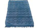 Badematte TOM TAILOR HOME "Vintage Wash, Badvorleger, Badezimmer Teppich", blau (denim), H:6mm, Baumwolle, Badematten, Badematte, Badteppich, Uni Farben, Rauten Muster, mit Fransen, reine Baumwolle
