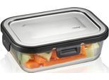 Lunchbox GEFU "MILO", silber (transparent, silberfarben, schwarz), B:13cm H:5,9cm L:17,7cm, Borosilikatglas, Edelstahl, Kunststoff, Lebensmittelaufbewahrungsbehälter, Lunchbox, gelaserter QR Code zur Vorratskontrolle per App (nur für Android)