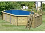 Achteckpool KARIBU "PALMA Set B BxLxH: 358x569x124 cm mit Sonnendeck", braun, B:358cm H:124cm L:569cm Ø:569cm, Schwimmbecken, Achteckpool, 38 mm starkes kesseldruckimprägniertes Fichtenholz
