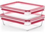 Frischhaltedose EMSA "Clip&Close, Made in Germany, 2 Liter", rot, B:19,7cm H:8cm L:26,7cm, Glas, Lebensmittelaufbewahrungsbehälter, Frischhaltedose, backofen-, gefrierfest, mikrowellengeeignet, (2 Dosen m. Deckel)
